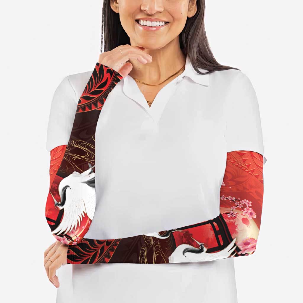 Hawaii and Japan Together Arm Sleeves Polynesian Art Tattoo With Cranes And Sakura - Polynesian Pride