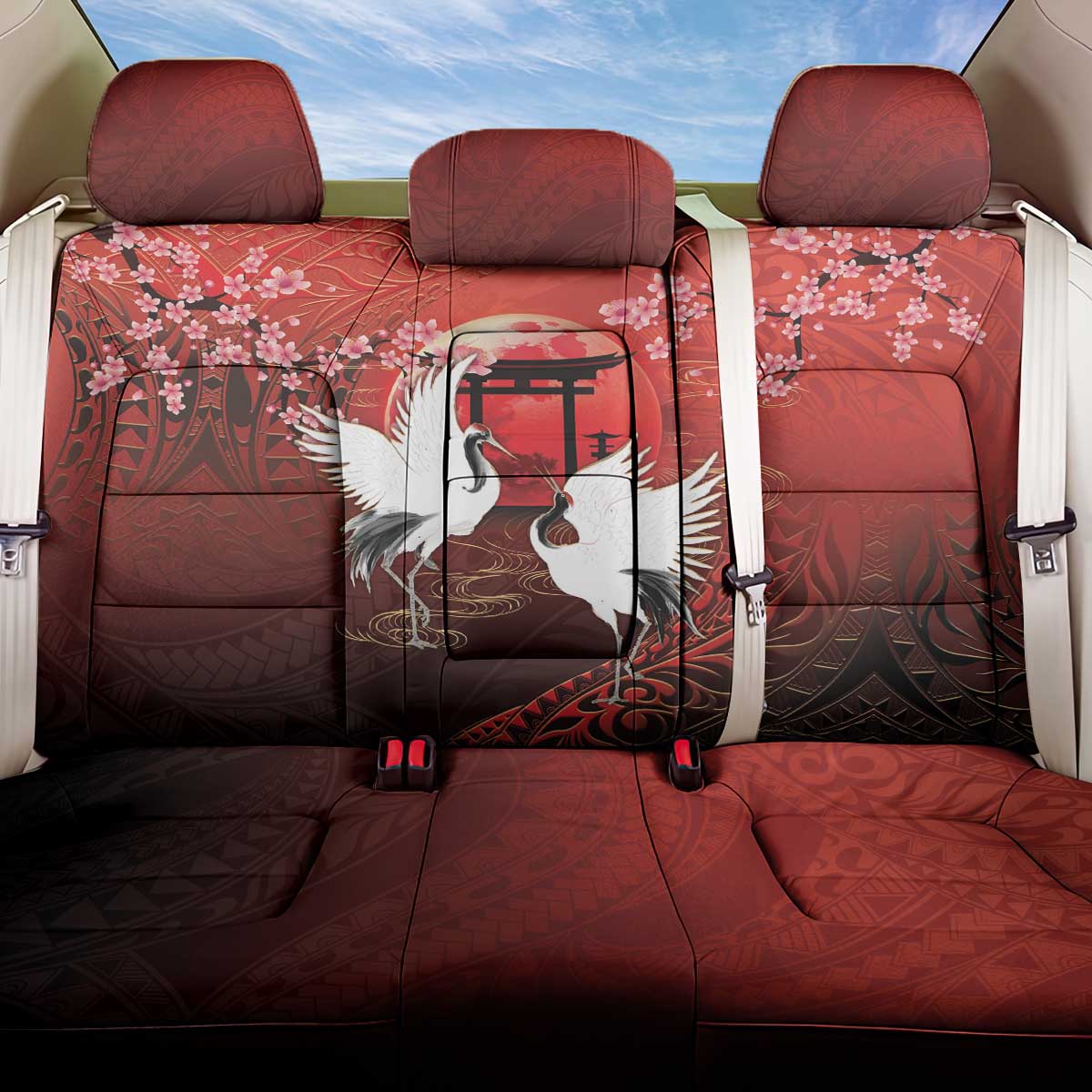 Hawaii and Japan Together Back Car Seat Cover Polynesian Art Tattoo With Cranes And Sakura - Polynesian Pride