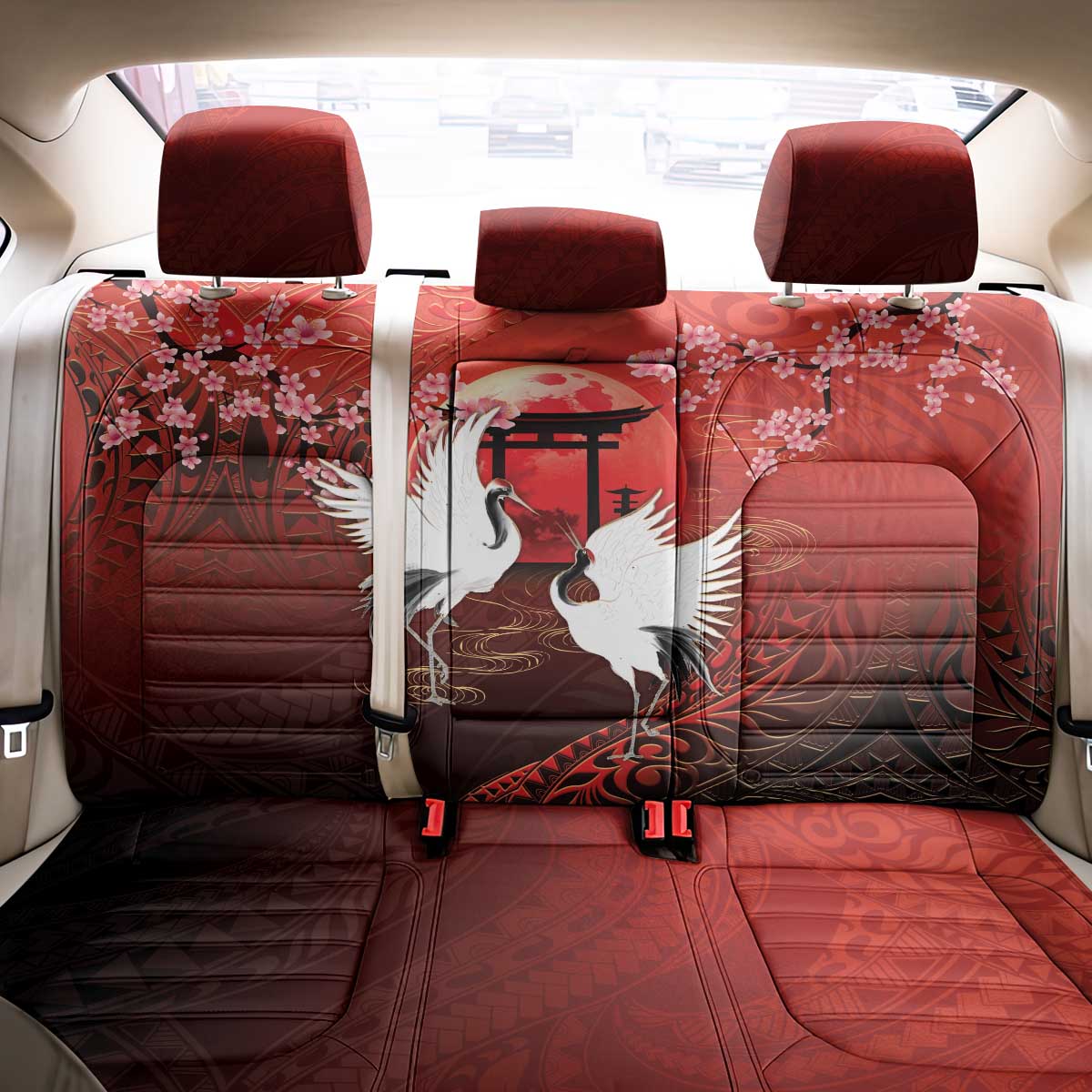 Hawaii and Japan Together Back Car Seat Cover Polynesian Art Tattoo With Cranes And Sakura - Polynesian Pride