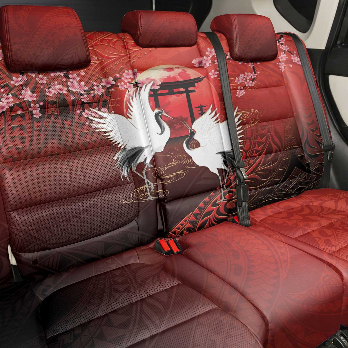 Hawaii and Japan Together Back Car Seat Cover Polynesian Art Tattoo With Cranes And Sakura - Polynesian Pride