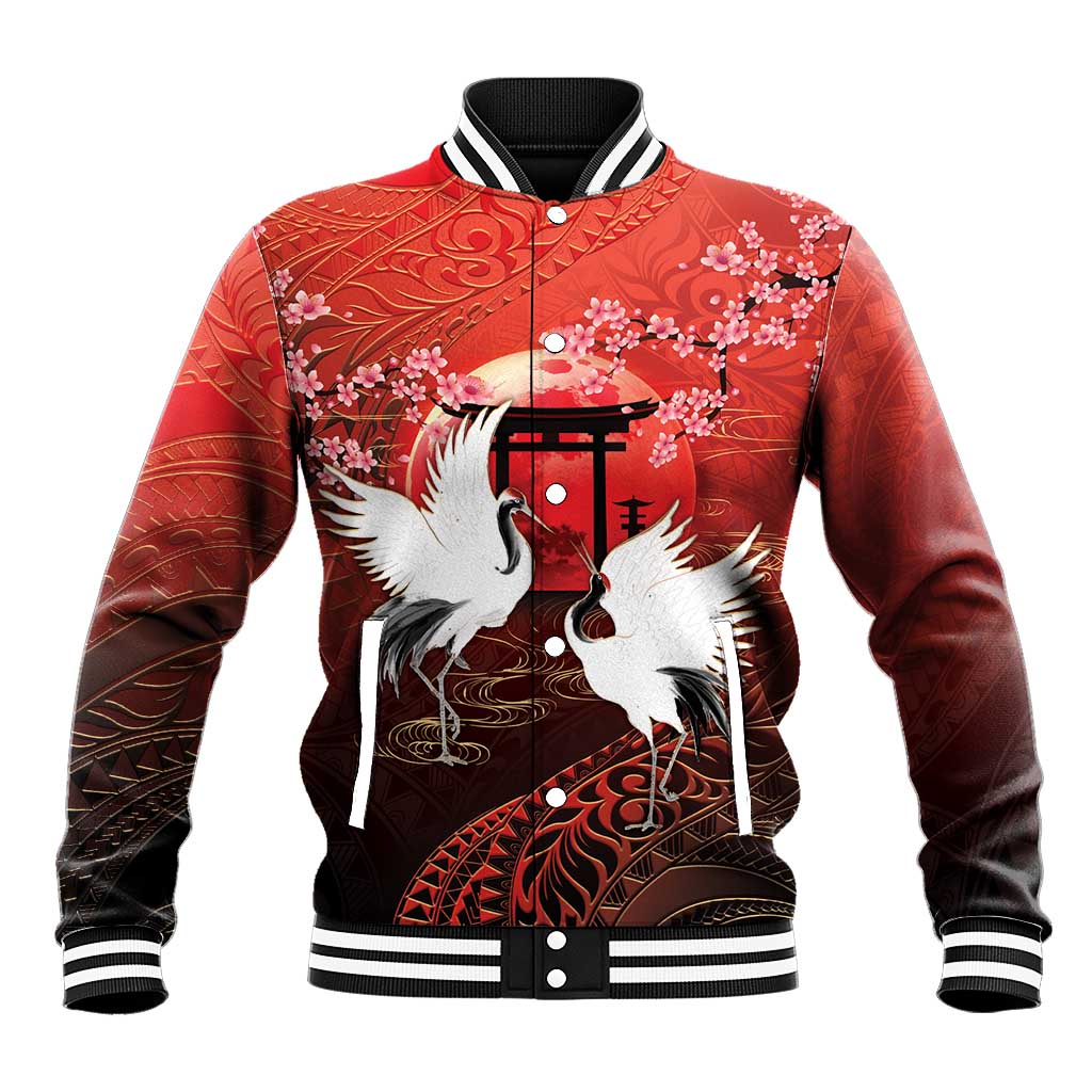 Hawaii and Japan Together Baseball Jacket Polynesian Art Tattoo With Cranes And Sakura - Polynesian Pride