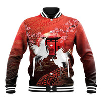 Hawaii and Japan Together Baseball Jacket Polynesian Art Tattoo With Cranes And Sakura - Polynesian Pride