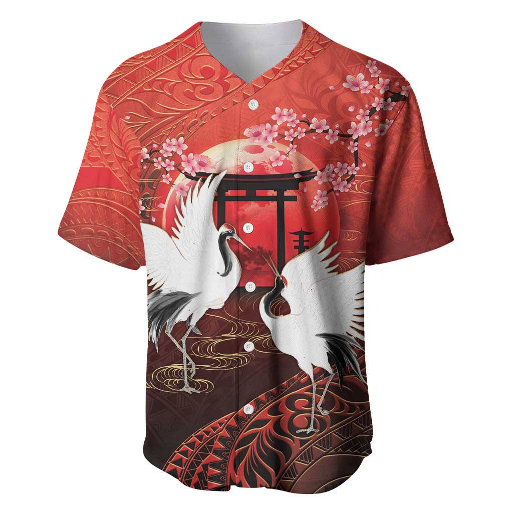 Hawaii and Japan Together Baseball Jersey Polynesian Art Tattoo With Cranes And Sakura - Polynesian Pride