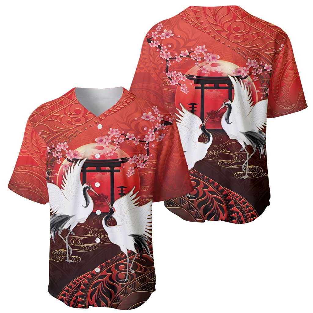 Hawaii and Japan Together Baseball Jersey Polynesian Art Tattoo With Cranes And Sakura - Polynesian Pride