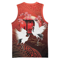 Hawaii and Japan Together Basketball Jersey Polynesian Art Tattoo With Cranes And Sakura - Polynesian Pride