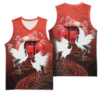 Hawaii and Japan Together Basketball Jersey Polynesian Art Tattoo With Cranes And Sakura - Polynesian Pride