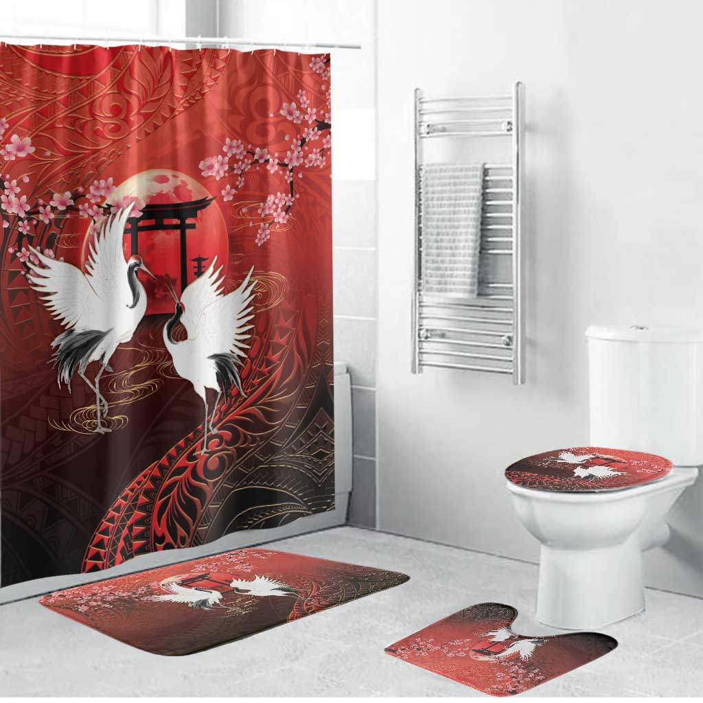 Hawaii and Japan Together Bathroom Set Polynesian Art Tattoo With Cranes And Sakura - Polynesian Pride