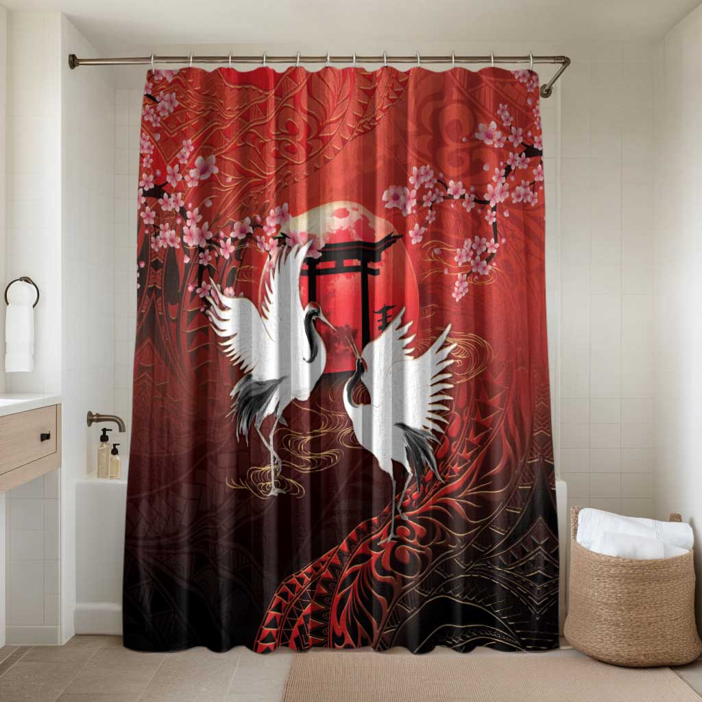 Hawaii and Japan Together Bathroom Set Polynesian Art Tattoo With Cranes And Sakura - Polynesian Pride