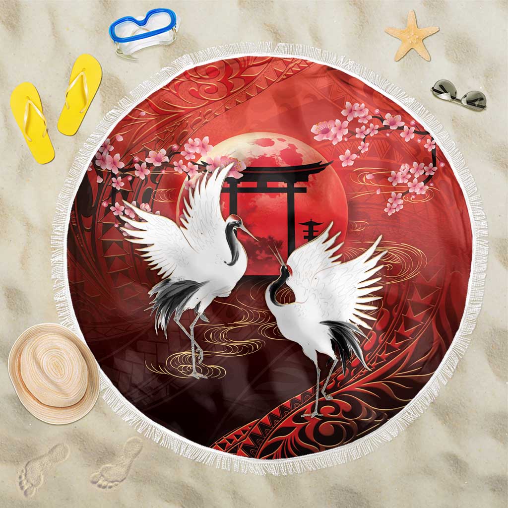 Hawaii and Japan Together Beach Blanket Polynesian Art Tattoo With Cranes And Sakura - Polynesian Pride