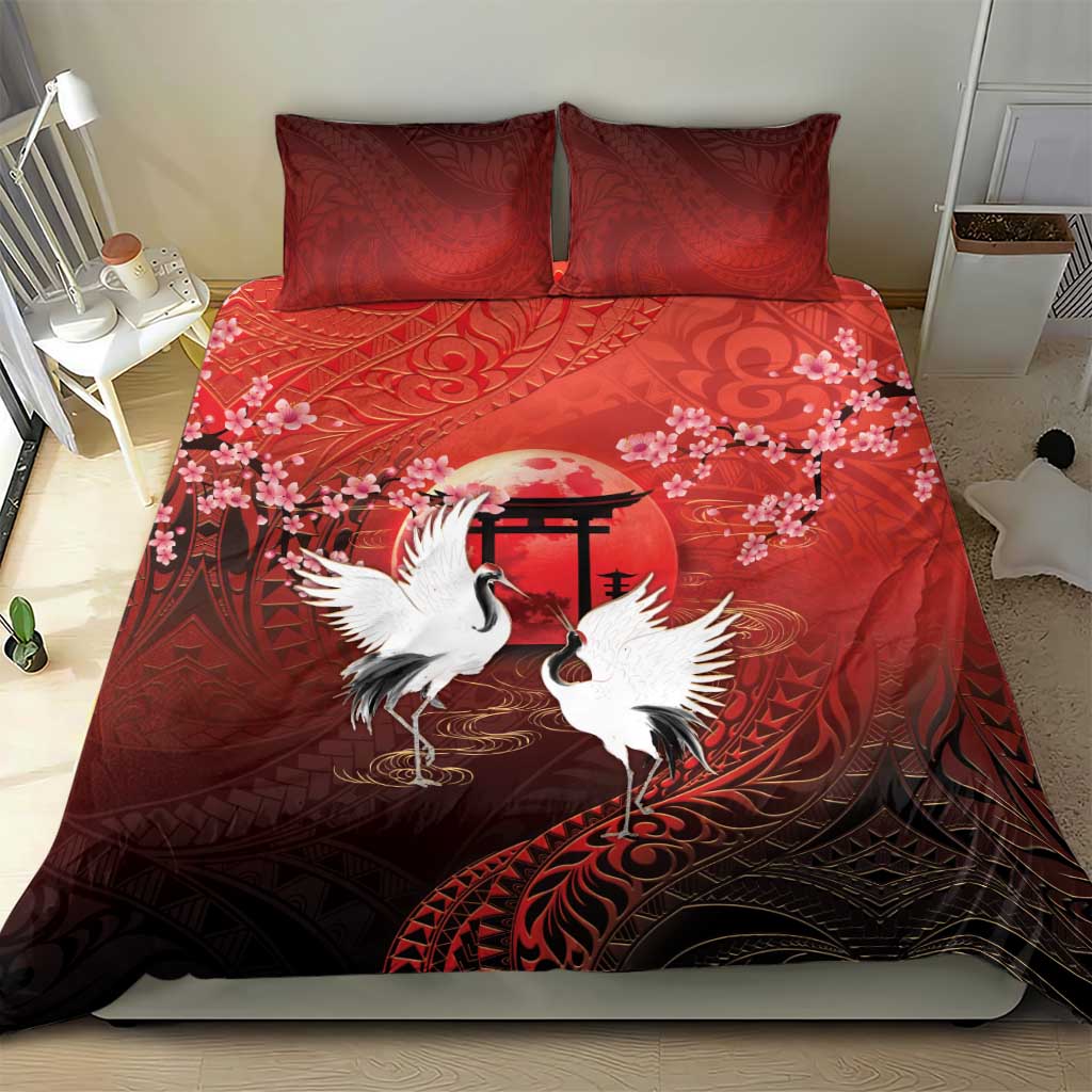 Hawaii and Japan Together Bedding Set Polynesian Art Tattoo With Cranes And Sakura - Polynesian Pride
