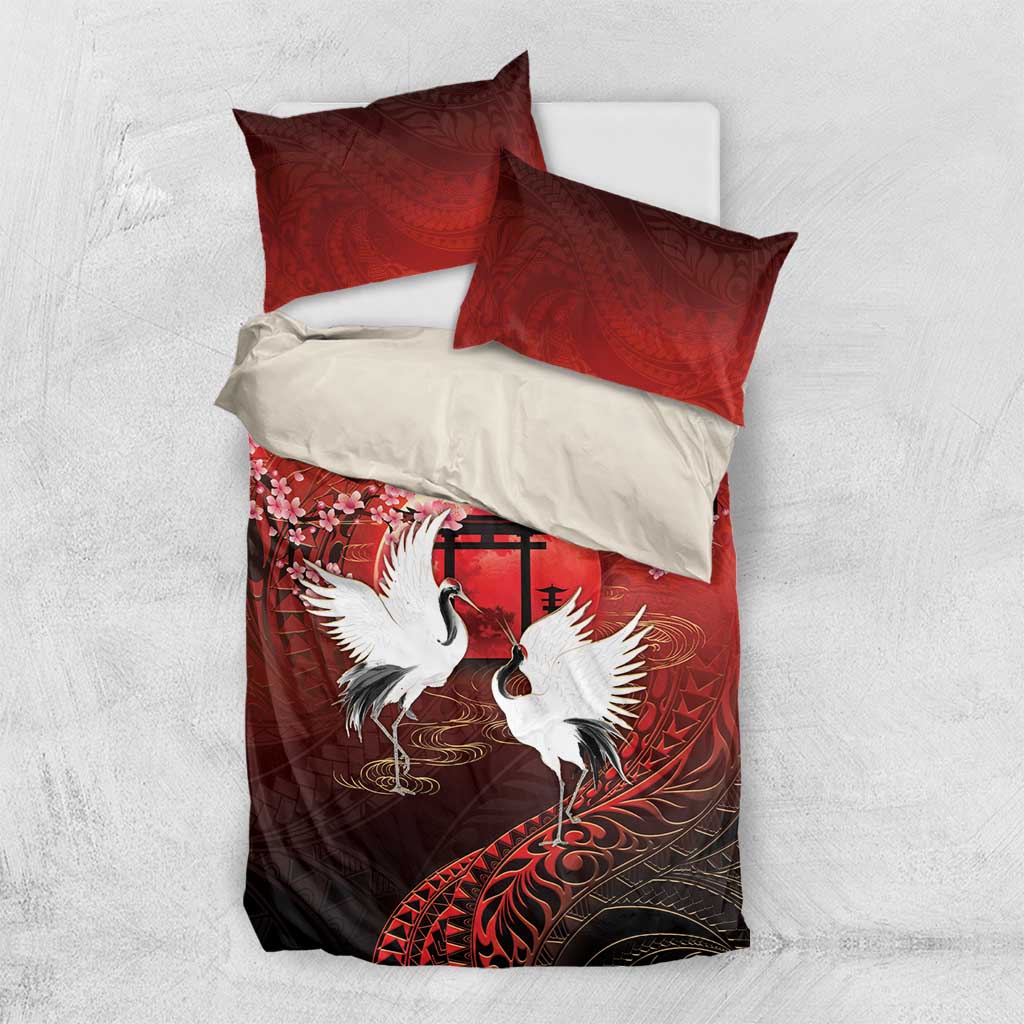 Hawaii and Japan Together Bedding Set Polynesian Art Tattoo With Cranes And Sakura - Polynesian Pride