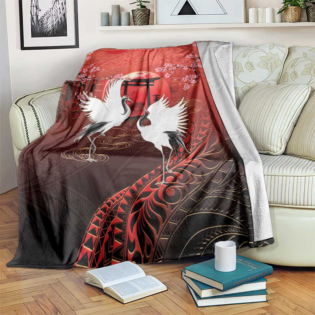 Hawaii and Japan Together Blanket Polynesian Art Tattoo With Cranes And Sakura - Polynesian Pride