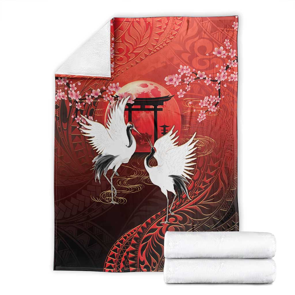 Hawaii and Japan Together Blanket Polynesian Art Tattoo With Cranes And Sakura - Polynesian Pride