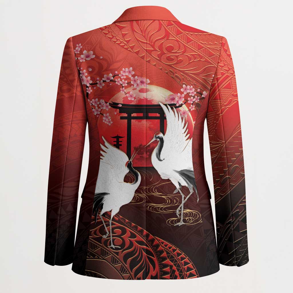 Hawaii and Japan Together Blazer Polynesian Art Tattoo With Cranes And Sakura - Polynesian Pride