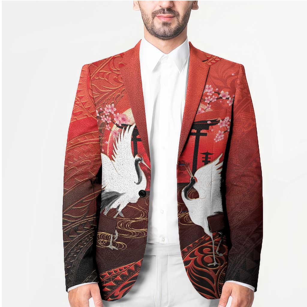 Hawaii and Japan Together Blazer Polynesian Art Tattoo With Cranes And Sakura - Polynesian Pride