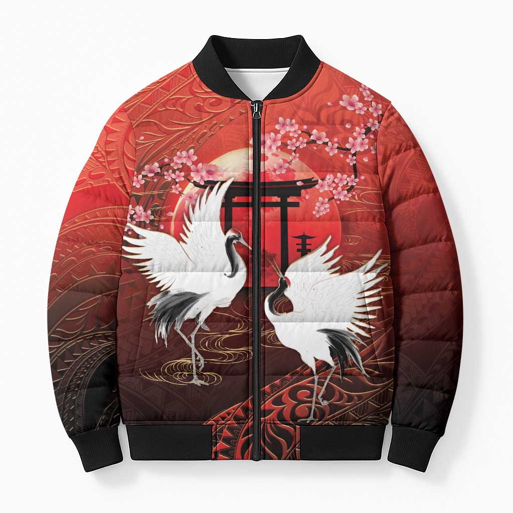 Hawaii and Japan Together Bomber Puffer Jacket Polynesian Art Tattoo With Cranes And Sakura - Polynesian Pride