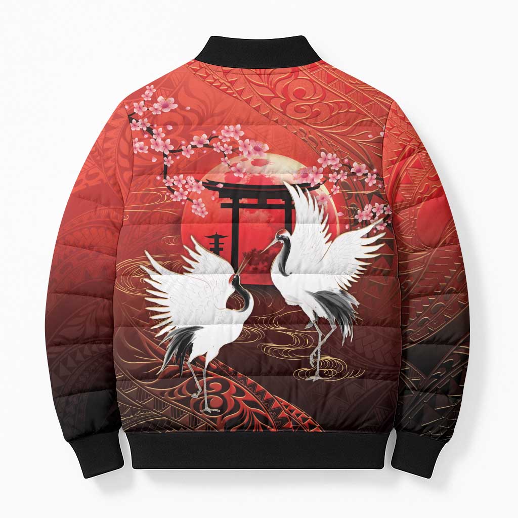 Hawaii and Japan Together Bomber Puffer Jacket Polynesian Art Tattoo With Cranes And Sakura - Polynesian Pride