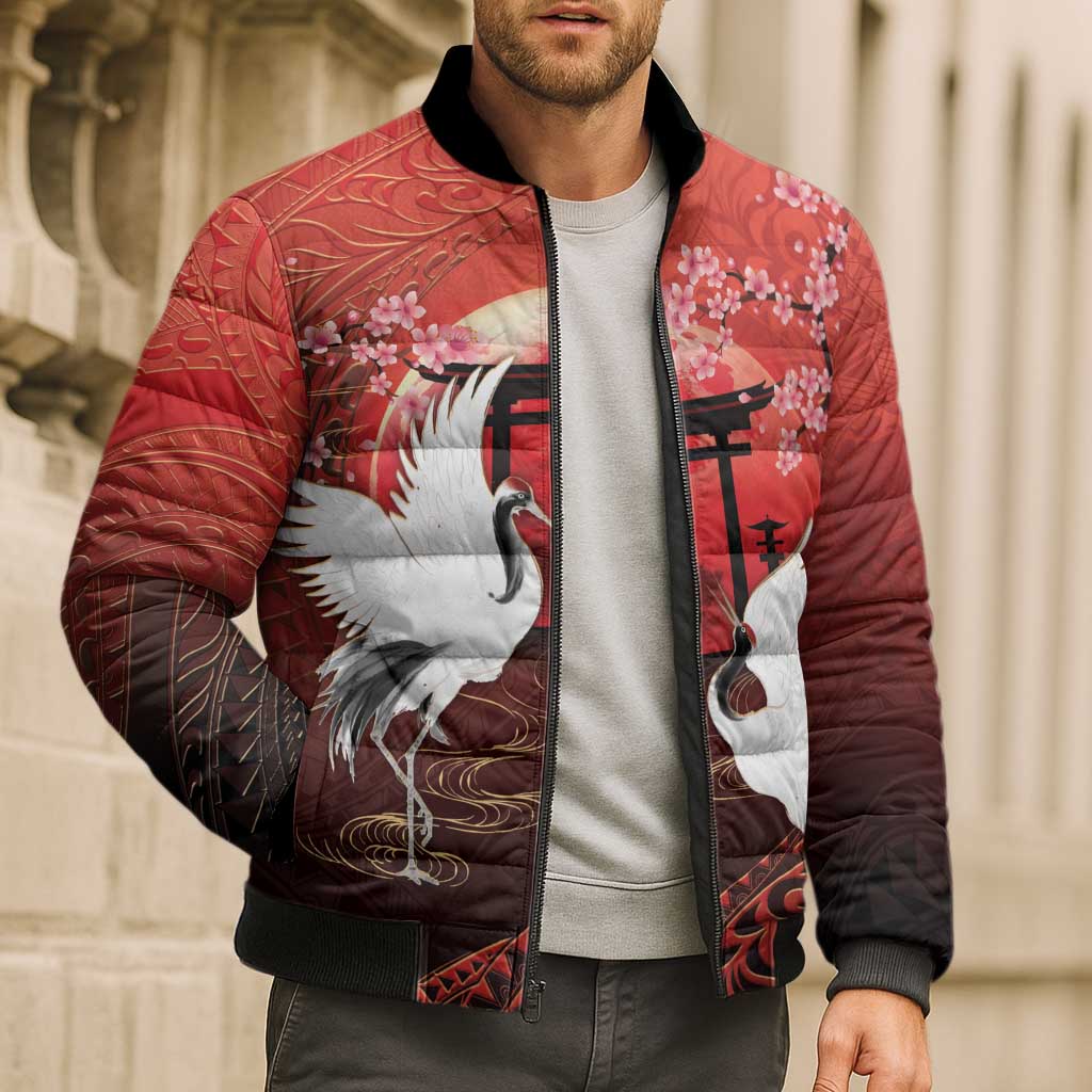 Hawaii and Japan Together Bomber Puffer Jacket Polynesian Art Tattoo With Cranes And Sakura - Polynesian Pride