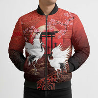Hawaii and Japan Together Bomber Puffer Jacket Polynesian Art Tattoo With Cranes And Sakura - Polynesian Pride