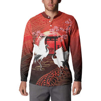 Hawaii and Japan Together Button Sweatshirt Polynesian Art Tattoo With Cranes And Sakura - Polynesian Pride
