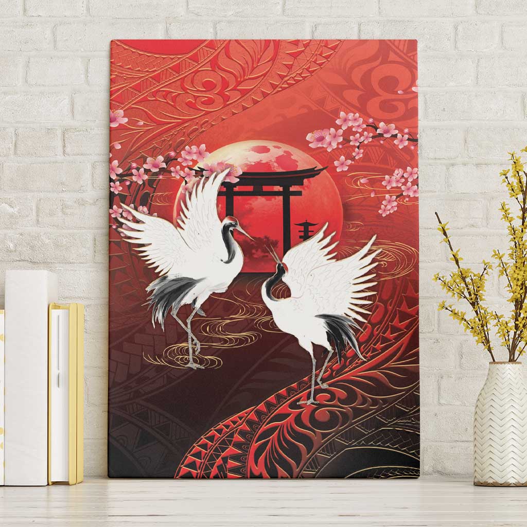 Hawaii and Japan Together Canvas Wall Art Polynesian Art Tattoo With Cranes And Sakura - Polynesian Pride