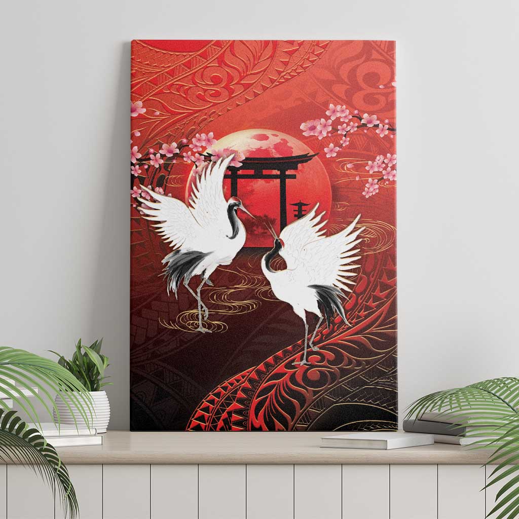 Hawaii and Japan Together Canvas Wall Art Polynesian Art Tattoo With Cranes And Sakura - Polynesian Pride