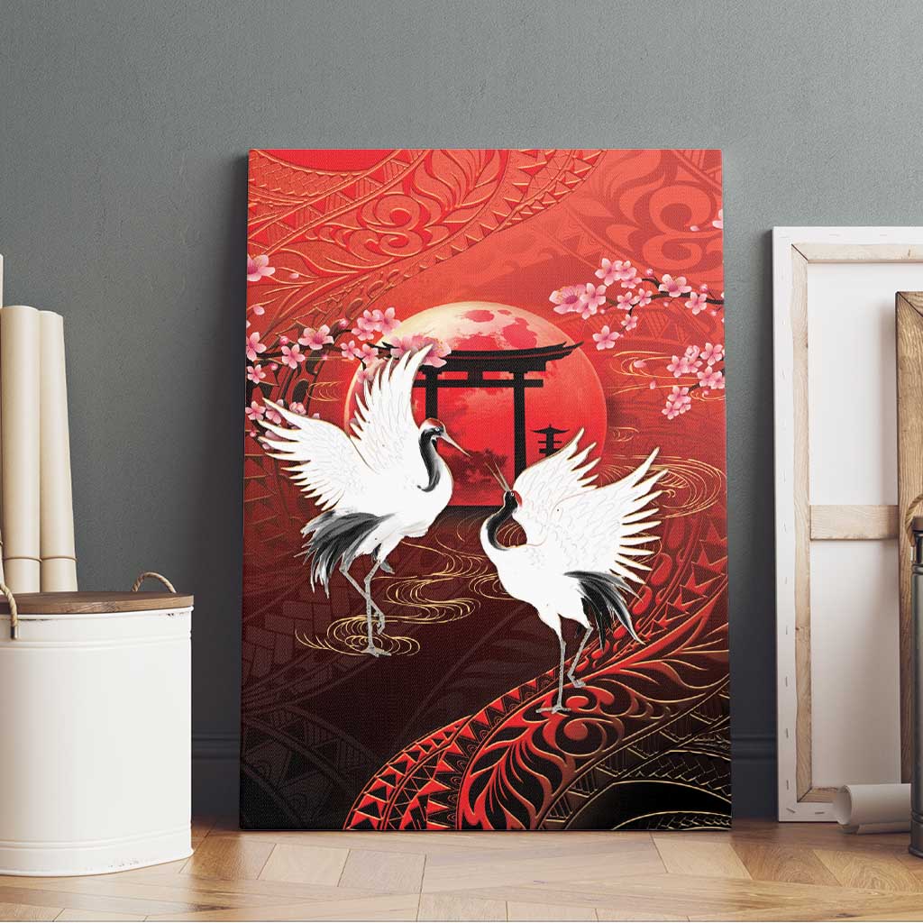 Hawaii and Japan Together Canvas Wall Art Polynesian Art Tattoo With Cranes And Sakura - Polynesian Pride