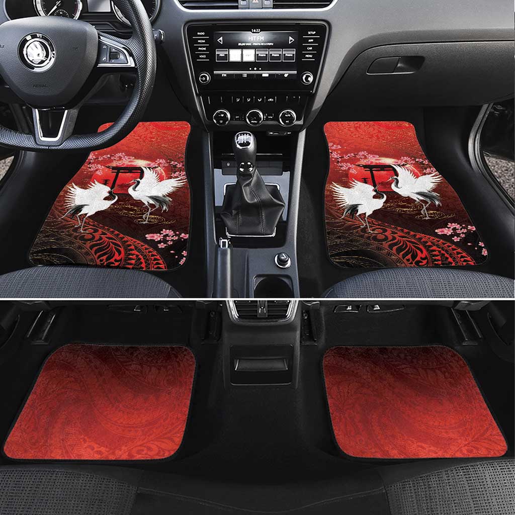 Hawaii and Japan Together Car Mats Polynesian Art Tattoo With Cranes And Sakura - Polynesian Pride