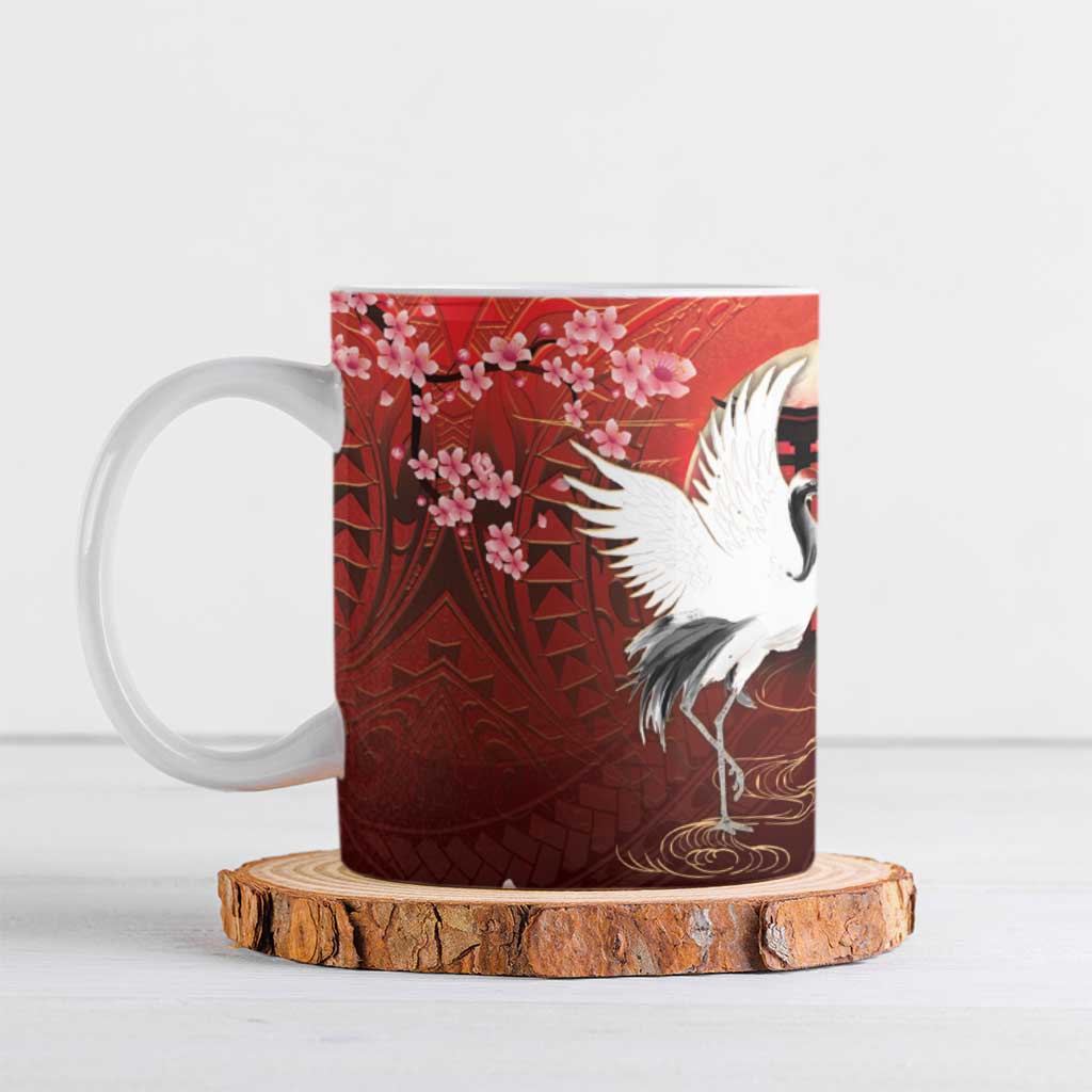 Hawaii and Japan Together Ceramic Mug Polynesian Art Tattoo With Cranes And Sakura - Polynesian Pride