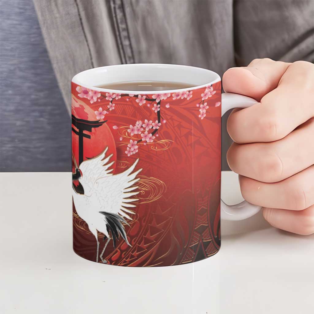 Hawaii and Japan Together Ceramic Mug Polynesian Art Tattoo With Cranes And Sakura - Polynesian Pride