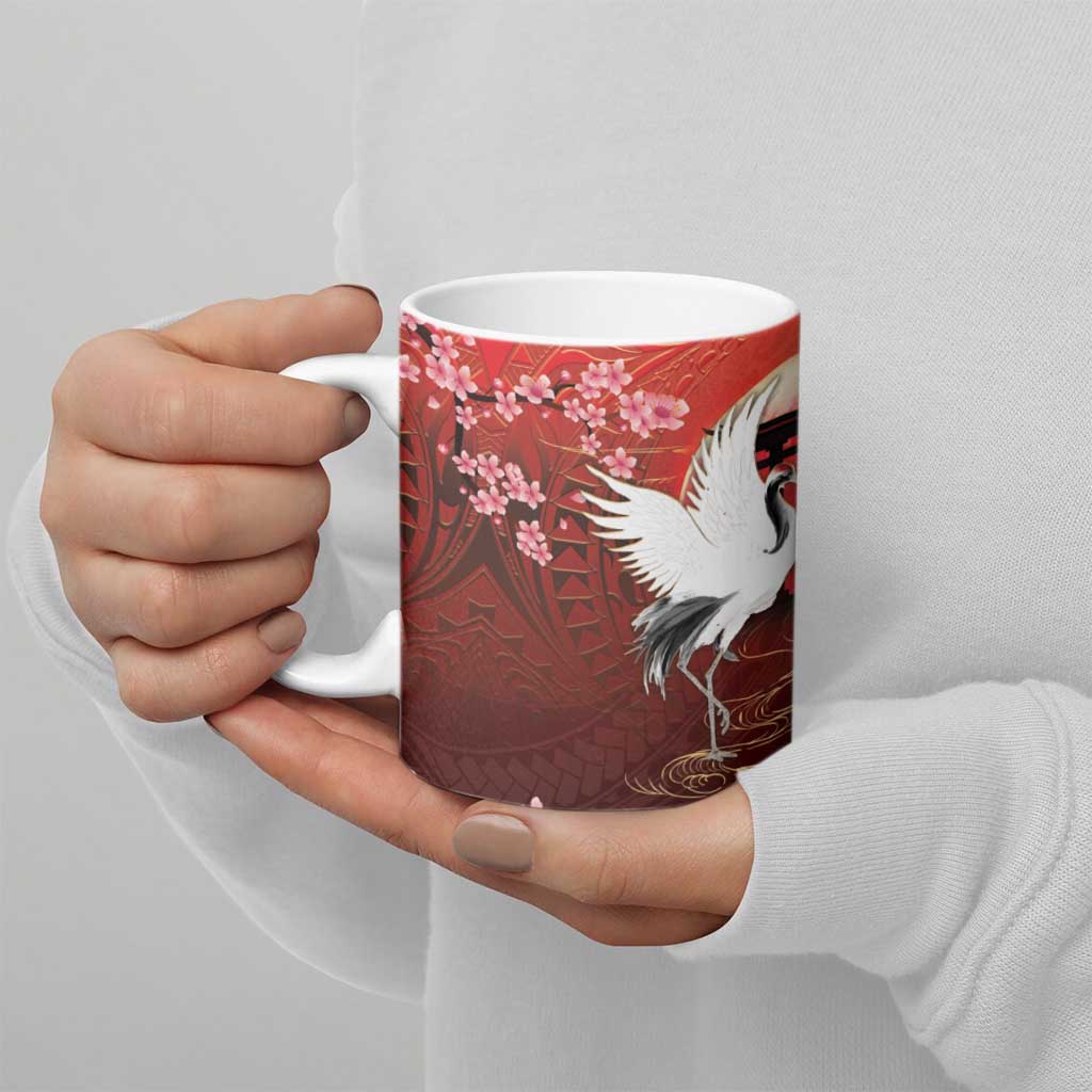 Hawaii and Japan Together Ceramic Mug Polynesian Art Tattoo With Cranes And Sakura - Polynesian Pride