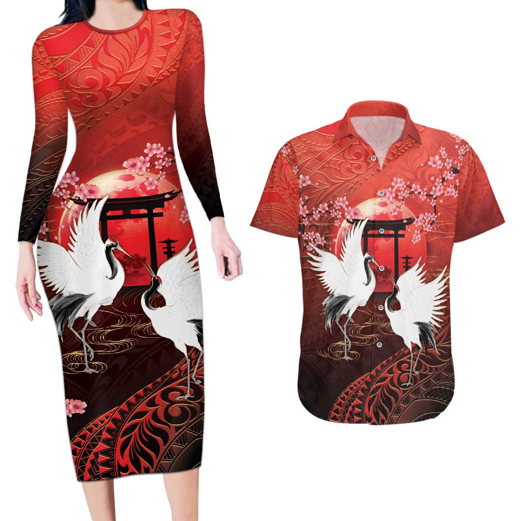 Hawaii and Japan Together Couples Matching Long Sleeve Bodycon Dress and Hawaiian Shirt Polynesian Art Tattoo With Cranes And Sakura - Polynesian Pride