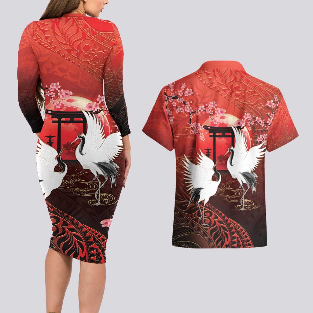 Hawaii and Japan Together Couples Matching Long Sleeve Bodycon Dress and Hawaiian Shirt Polynesian Art Tattoo With Cranes And Sakura - Polynesian Pride