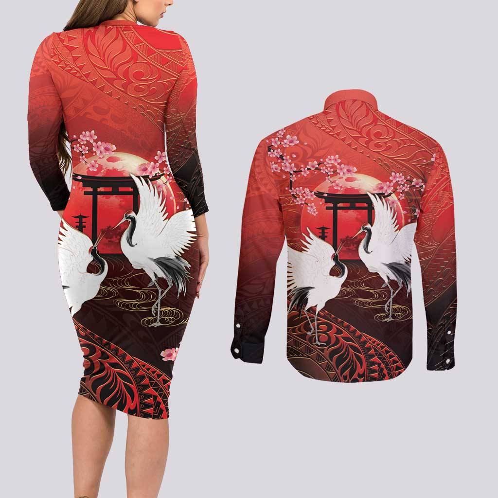 Hawaii and Japan Together Couples Matching Long Sleeve Bodycon Dress and Long Sleeve Button Shirt Polynesian Art Tattoo With Cranes And Sakura - Polynesian Pride