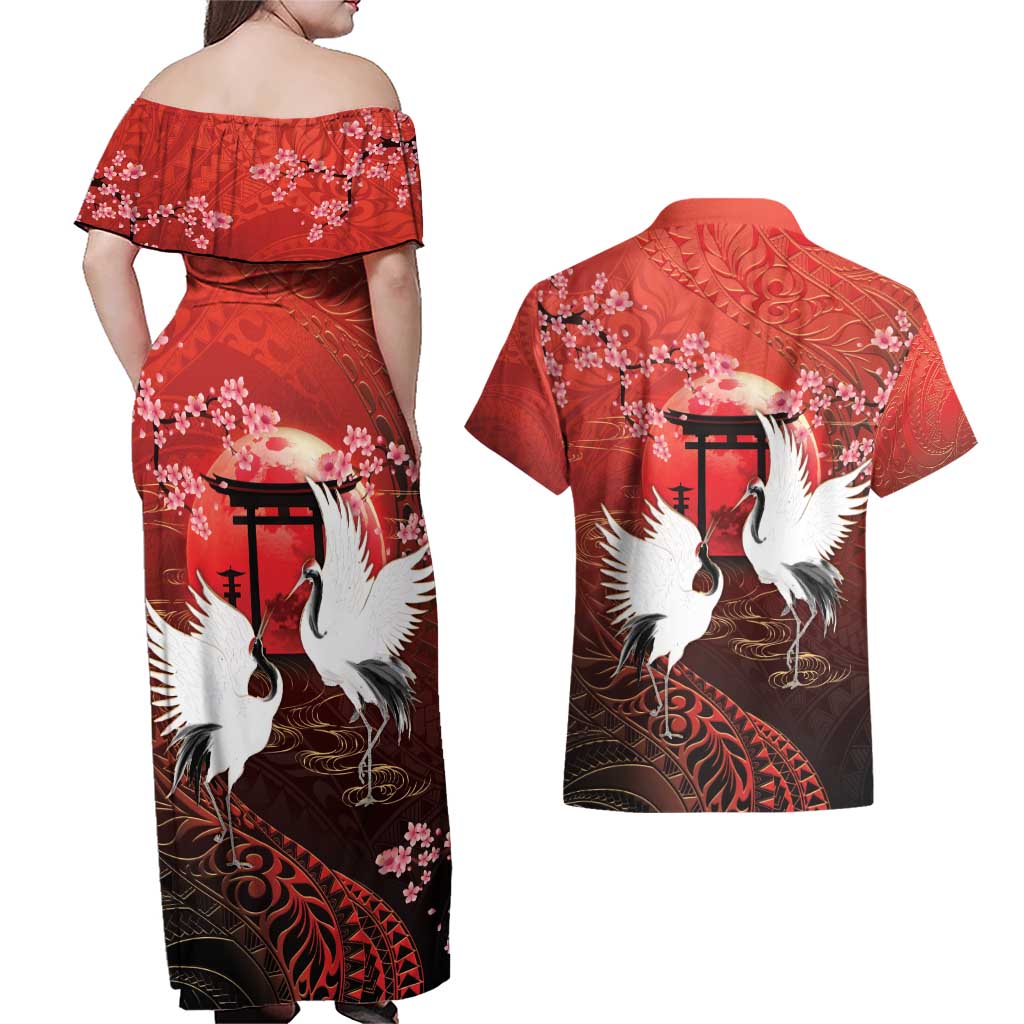 Hawaii and Japan Together Couples Matching Off Shoulder Maxi Dress and Hawaiian Shirt Polynesian Art Tattoo With Cranes And Sakura - Polynesian Pride
