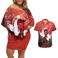 Hawaii and Japan Together Couples Matching Off Shoulder Short Dress and Hawaiian Shirt Polynesian Art Tattoo With Cranes And Sakura - Polynesian Pride