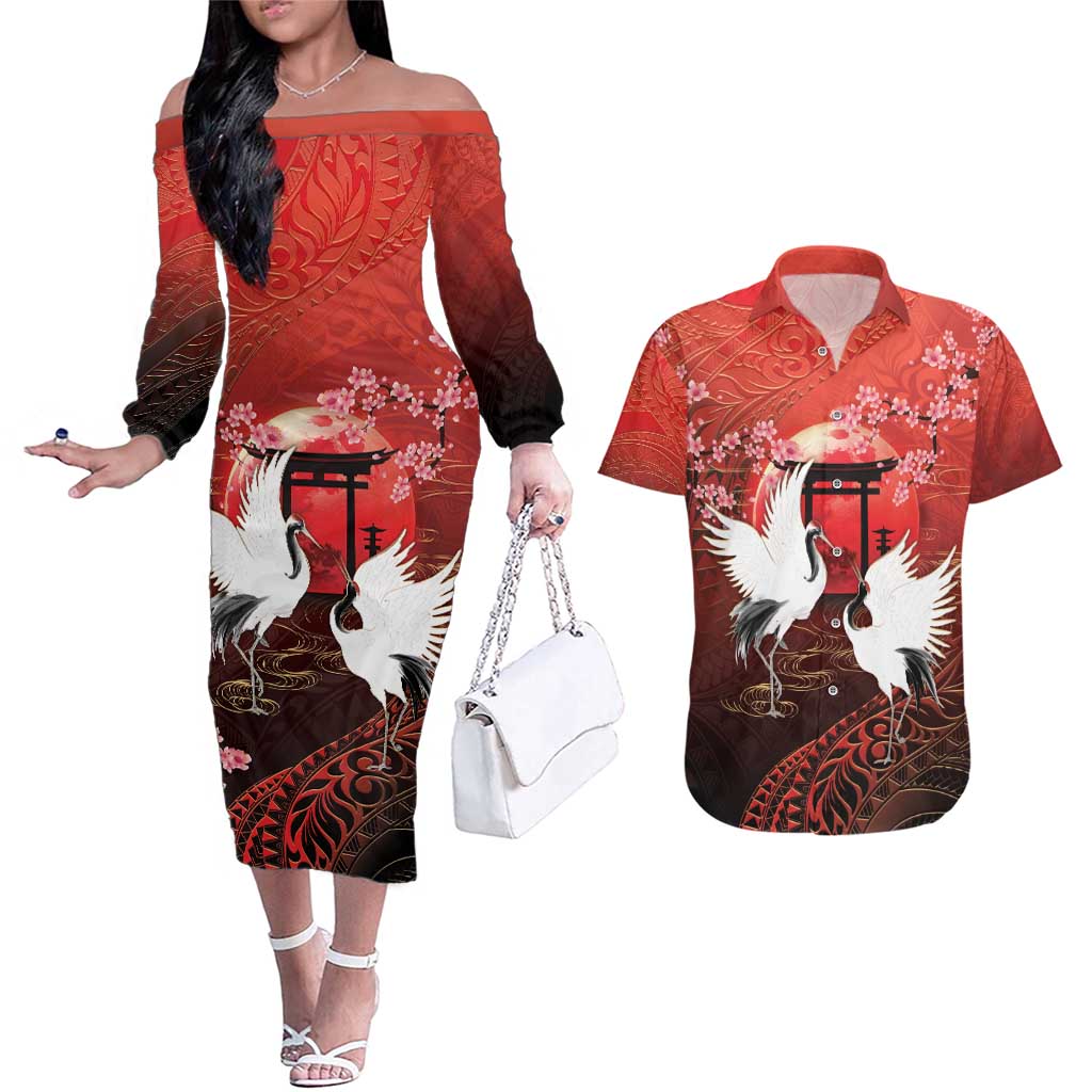 Hawaii and Japan Together Couples Matching Off The Shoulder Long Sleeve Dress and Hawaiian Shirt Polynesian Art Tattoo With Cranes And Sakura - Polynesian Pride