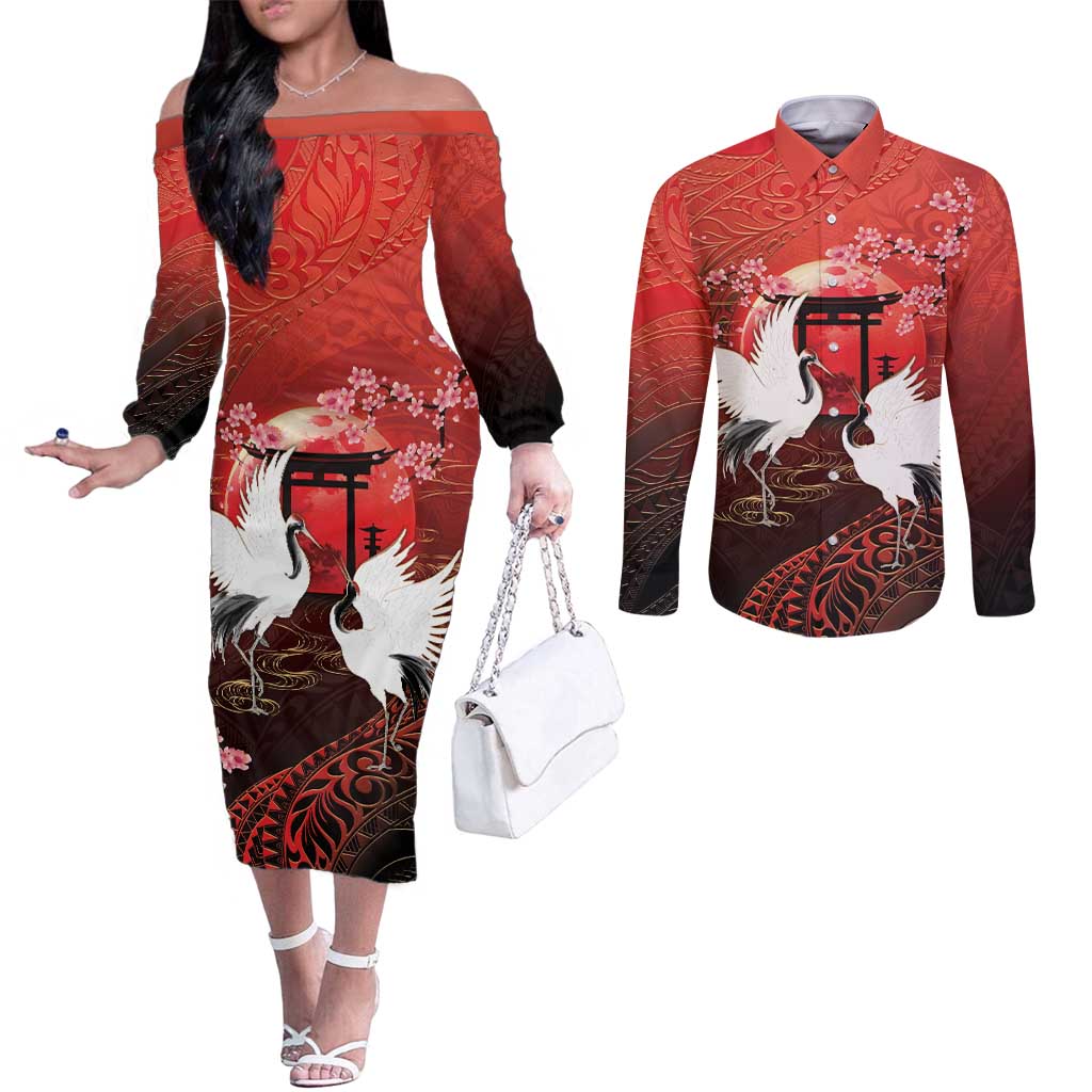 Hawaii and Japan Together Couples Matching Off The Shoulder Long Sleeve Dress and Long Sleeve Button Shirt Polynesian Art Tattoo With Cranes And Sakura - Polynesian Pride