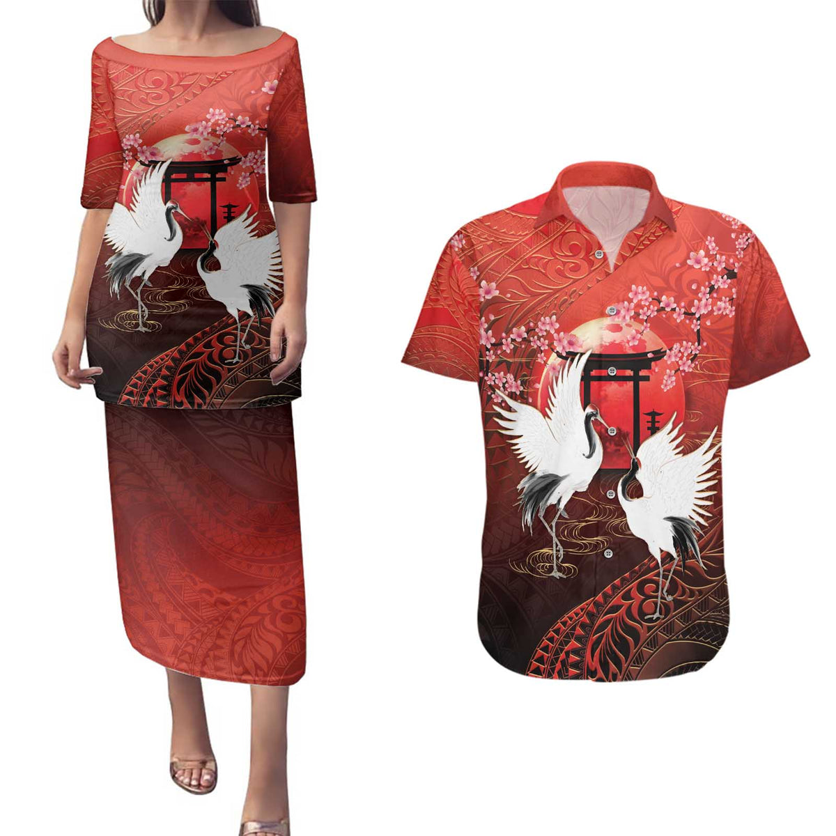 Hawaii and Japan Together Couples Matching Puletasi and Hawaiian Shirt Polynesian Art Tattoo With Cranes And Sakura - Polynesian Pride