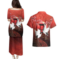 Hawaii and Japan Together Couples Matching Puletasi and Hawaiian Shirt Polynesian Art Tattoo With Cranes And Sakura - Polynesian Pride