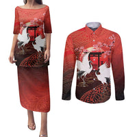 Hawaii and Japan Together Couples Matching Puletasi and Long Sleeve Button Shirt Polynesian Art Tattoo With Cranes And Sakura - Polynesian Pride