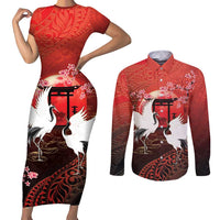 Hawaii and Japan Together Couples Matching Short Sleeve Bodycon Dress and Long Sleeve Button Shirt Polynesian Art Tattoo With Cranes And Sakura - Polynesian Pride