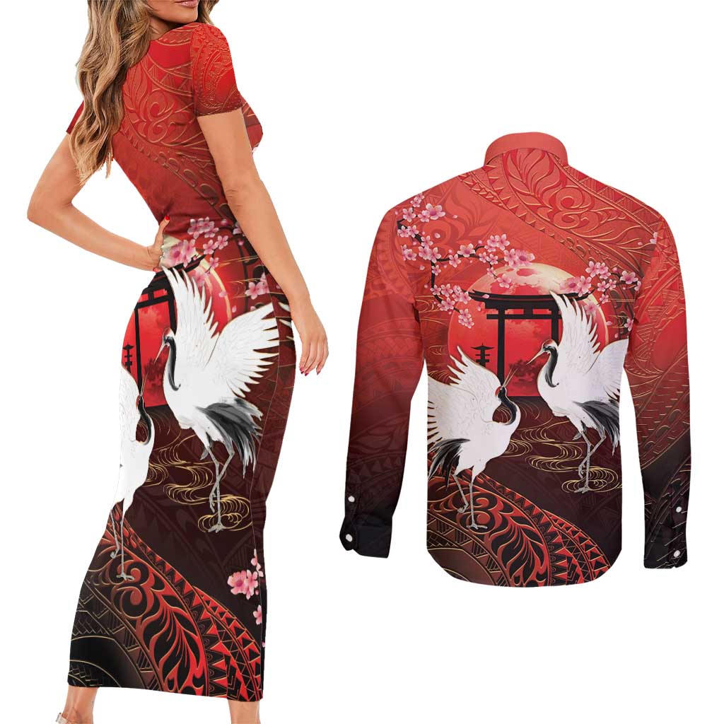 Hawaii and Japan Together Couples Matching Short Sleeve Bodycon Dress and Long Sleeve Button Shirt Polynesian Art Tattoo With Cranes And Sakura - Polynesian Pride