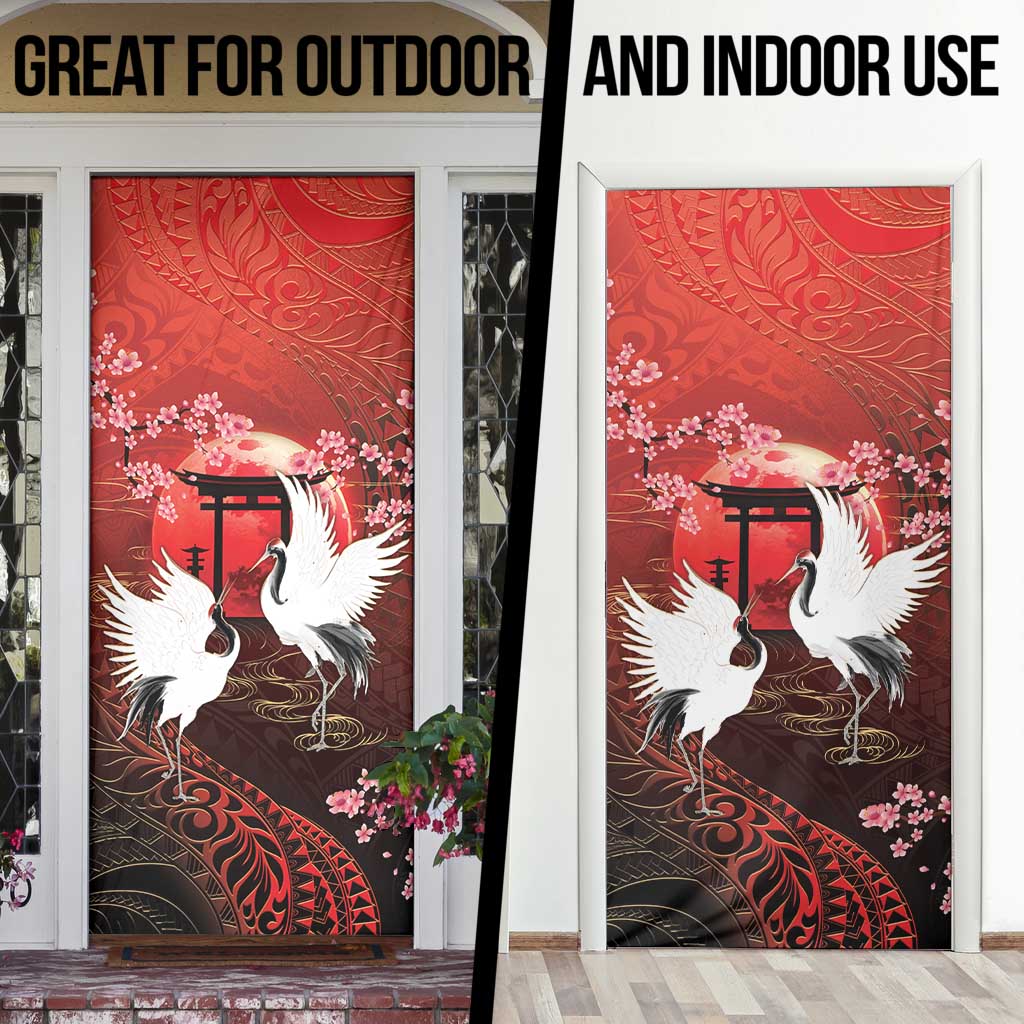 Hawaii and Japan Together Door Cover Polynesian Art Tattoo With Cranes And Sakura - Polynesian Pride