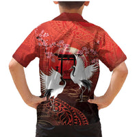 Hawaii and Japan Together Family Matching Mermaid Dress and Hawaiian Shirt Polynesian Art Tattoo With Cranes And Sakura - Polynesian Pride