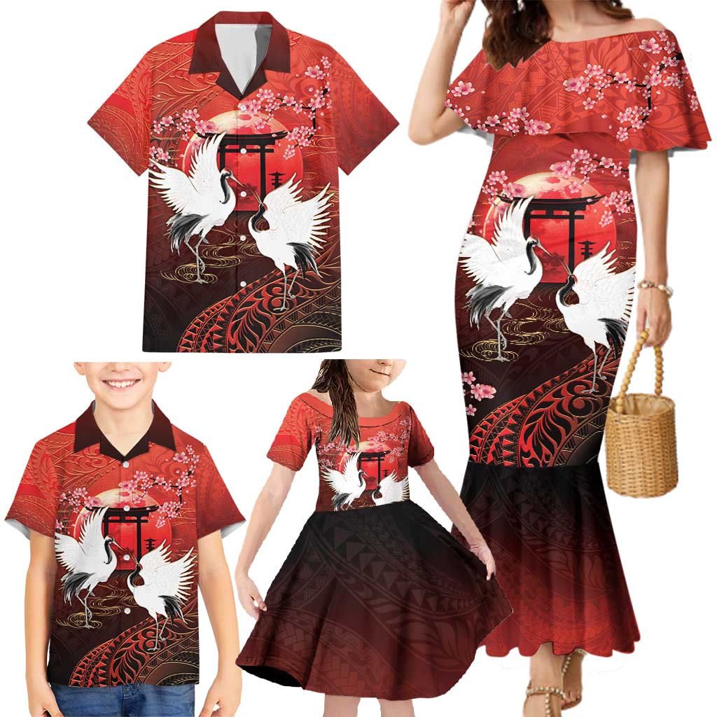 Hawaii and Japan Together Family Matching Mermaid Dress and Hawaiian Shirt Polynesian Art Tattoo With Cranes And Sakura - Polynesian Pride