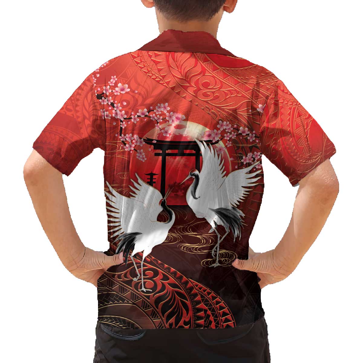 Hawaii and Japan Together Family Matching Off The Shoulder Long Sleeve Dress and Hawaiian Shirt Polynesian Art Tattoo With Cranes And Sakura - Polynesian Pride
