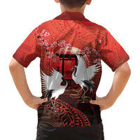 Hawaii and Japan Together Family Matching Off The Shoulder Long Sleeve Dress and Hawaiian Shirt Polynesian Art Tattoo With Cranes And Sakura - Polynesian Pride