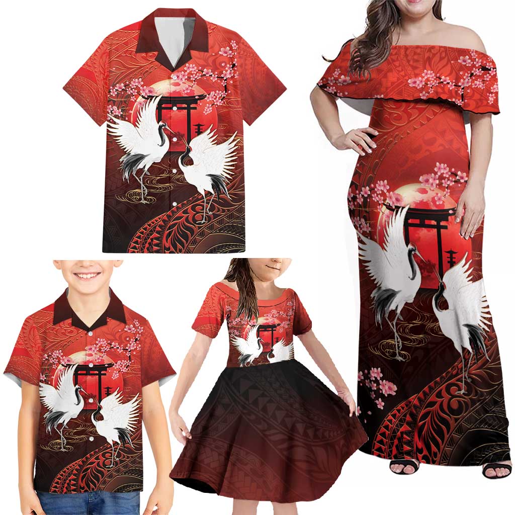 Hawaii and Japan Together Family Matching Off Shoulder Maxi Dress and Hawaiian Shirt Polynesian Art Tattoo With Cranes And Sakura - Polynesian Pride