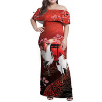 Hawaii and Japan Together Family Matching Off Shoulder Maxi Dress and Hawaiian Shirt Polynesian Art Tattoo With Cranes And Sakura - Polynesian Pride